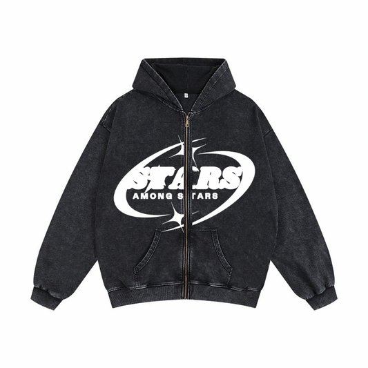 STARS Oversized Printed Black Zip Hoodie