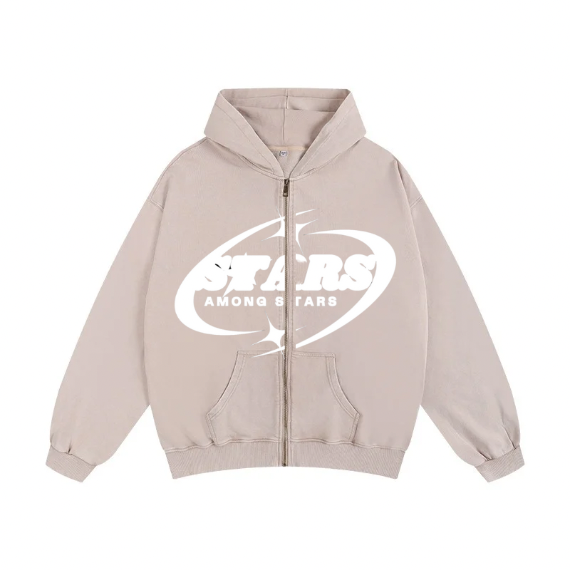 Stars Printed Oversized Sand Zip Hoodie