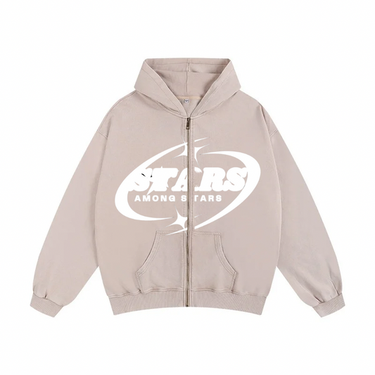 Stars Printed Oversized Sand Zip Hoodie